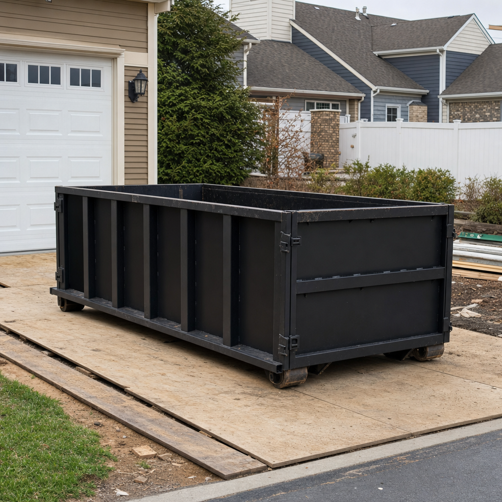 Matte-black 10-yard roll-off dumpster on wooden driveway planks at a Addison residential cleanout, ribbed steel construction with steel-gray rails and rear swing door visible.