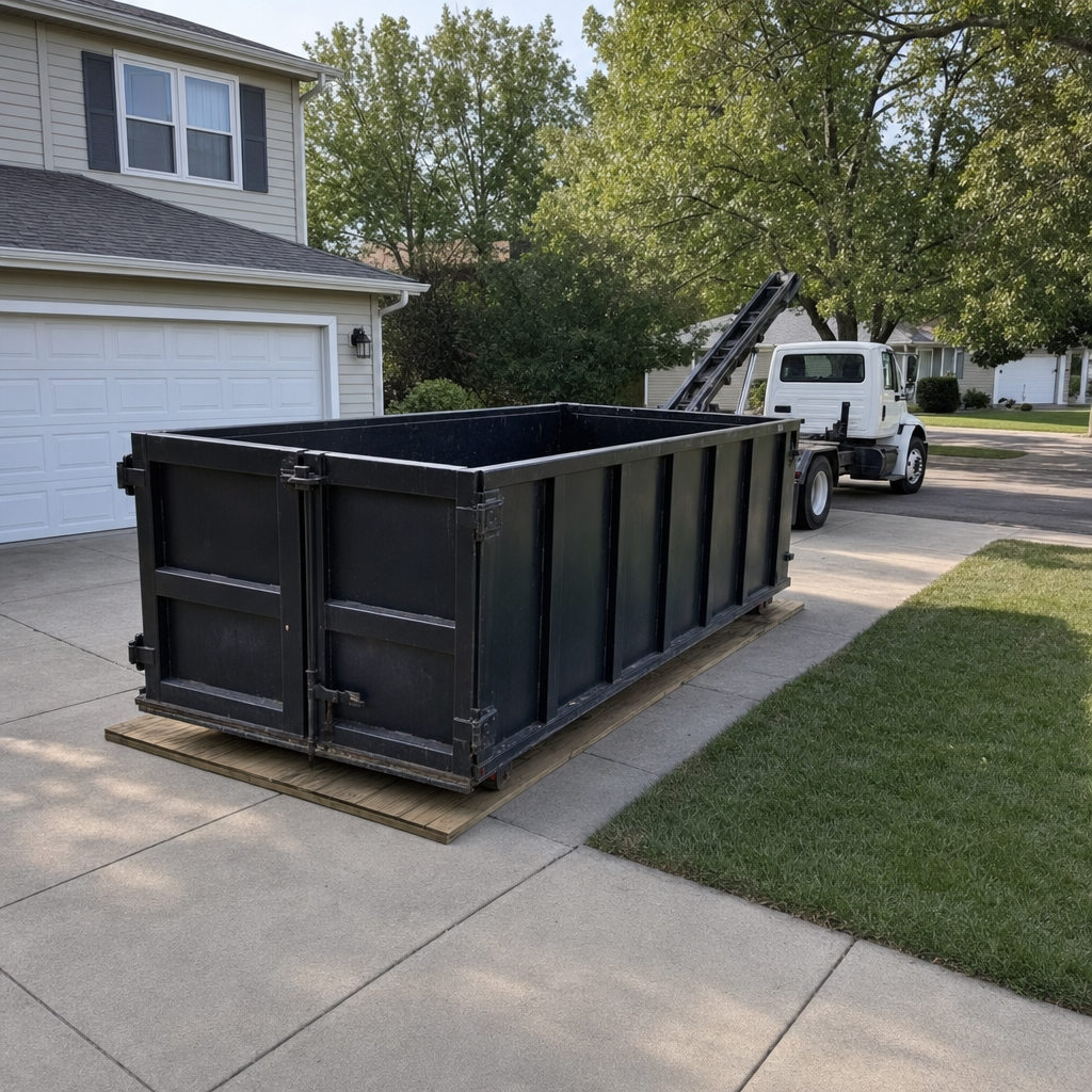 Matte-black roll-off dumpster placed on wooden driveway planks at a residential job in Addison, delivered by a hooklift truck under bright morning daylight.